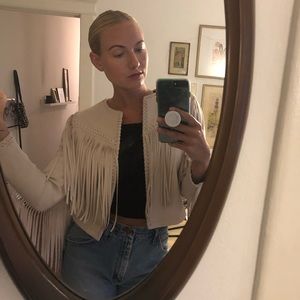 Zara Western faux suede fringe cream tan jacket